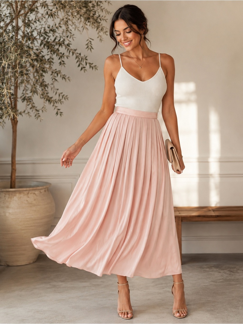 A New Day Peach Satin Midi Skirt NWT Size Medium Elastic Waist Flowy